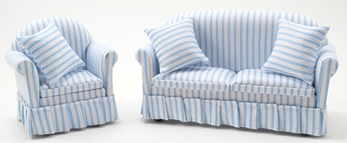 Sofa and Chair Set, Blue & White Stripe